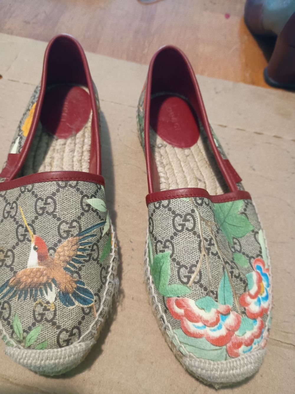 Gucci Floral Monogram Espadrille Flats in Red Trim